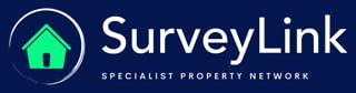 SurveyLink logo with green house icon and specialist property network text on dark blue background